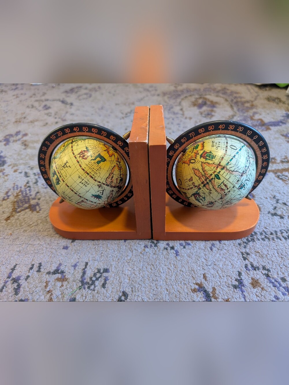 Pair of Vintage‎ Spinning Globe Bookends With Orangey Wood Base